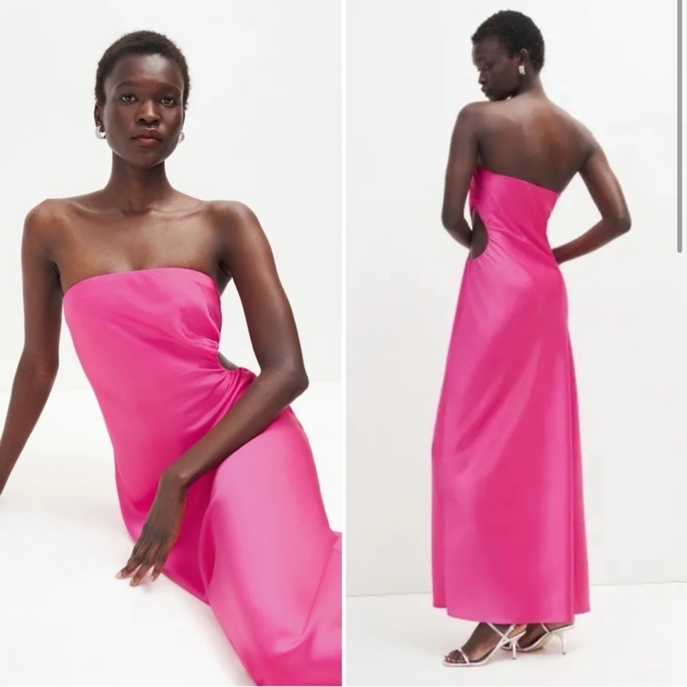 NWT Reformation Navaeh Satin Side Cutout Strapless Midi Bias Dress in Flambe - Picture 5 of 15